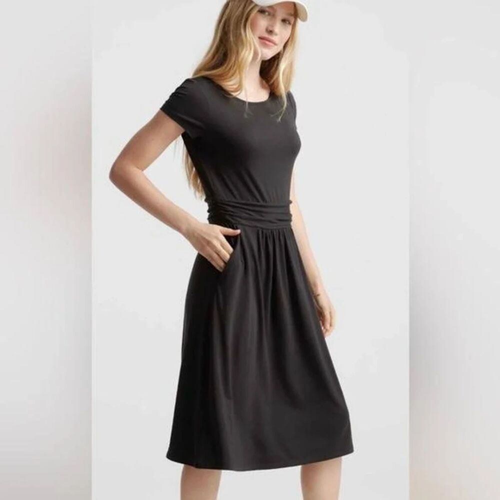 Quince Black Tencel Lyocell Midi Dress XL Short Sleeve Stretch Casual Soft